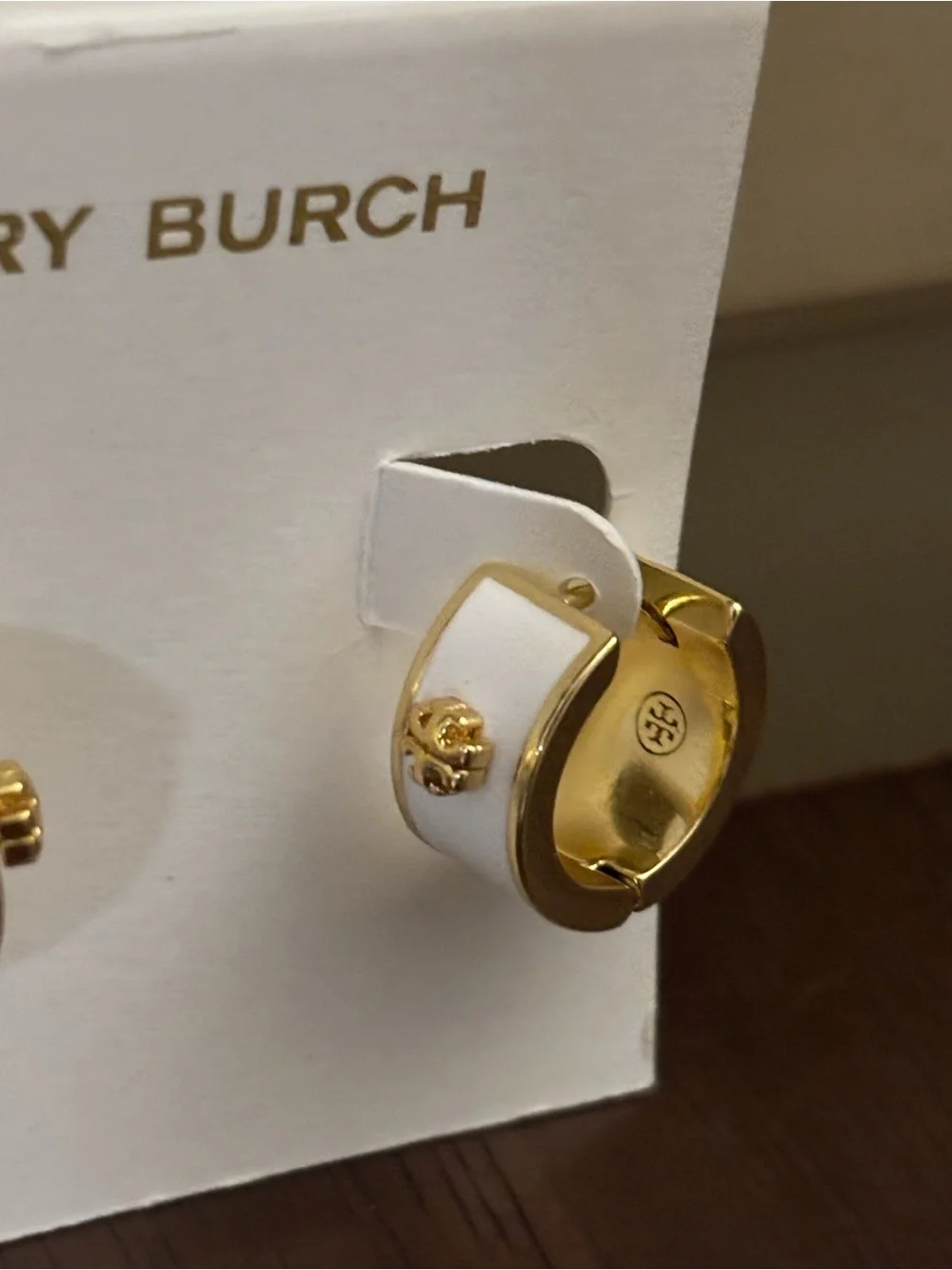Tory Burch Shiny Gold Mini Hoop Earrings with white enamel brand new